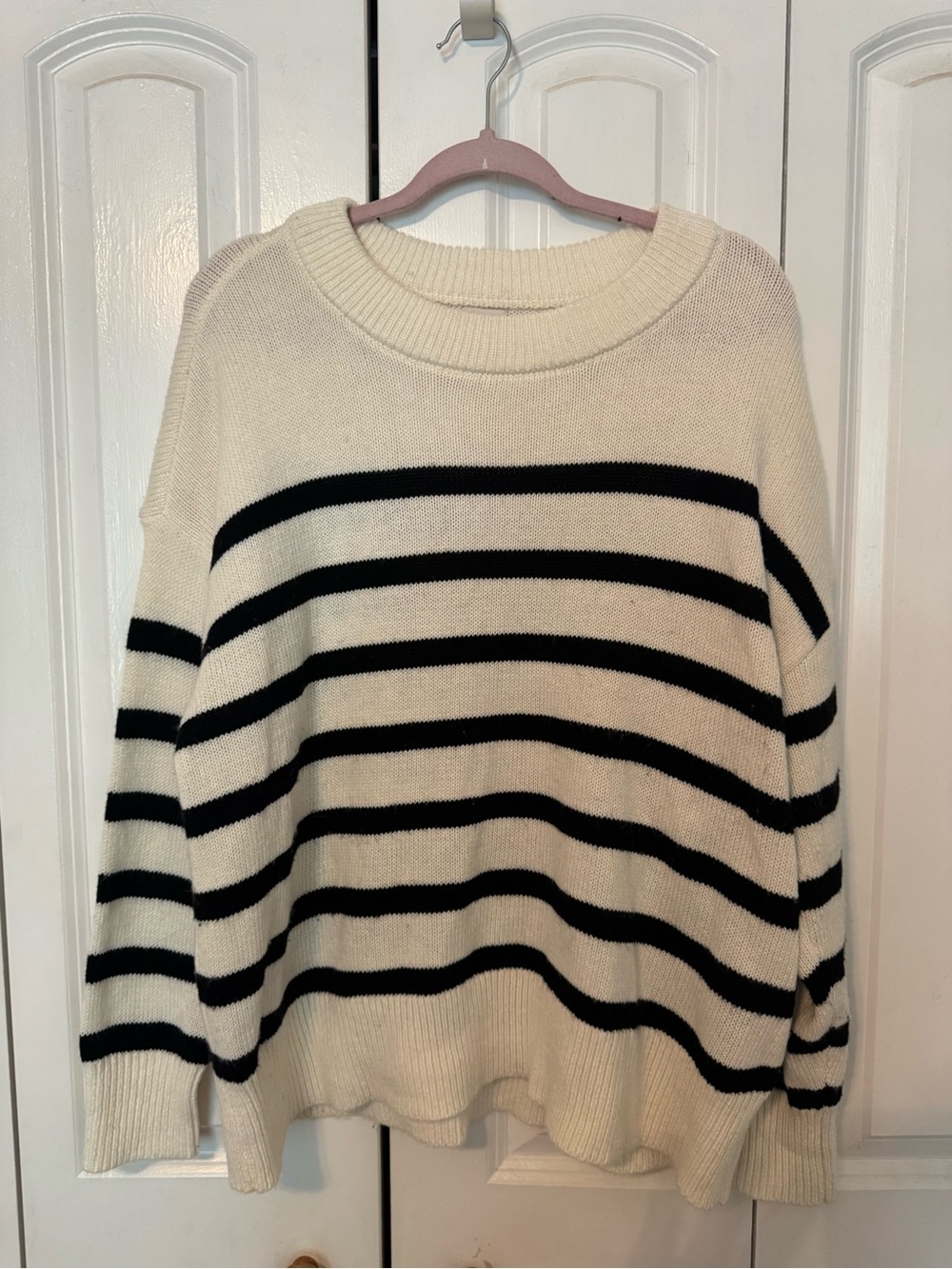 a new day Cream & Black Striped Crewneck Sweater